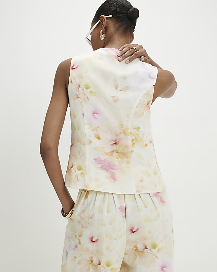 Cream Linen Blend Scallop Trim Waistcoat