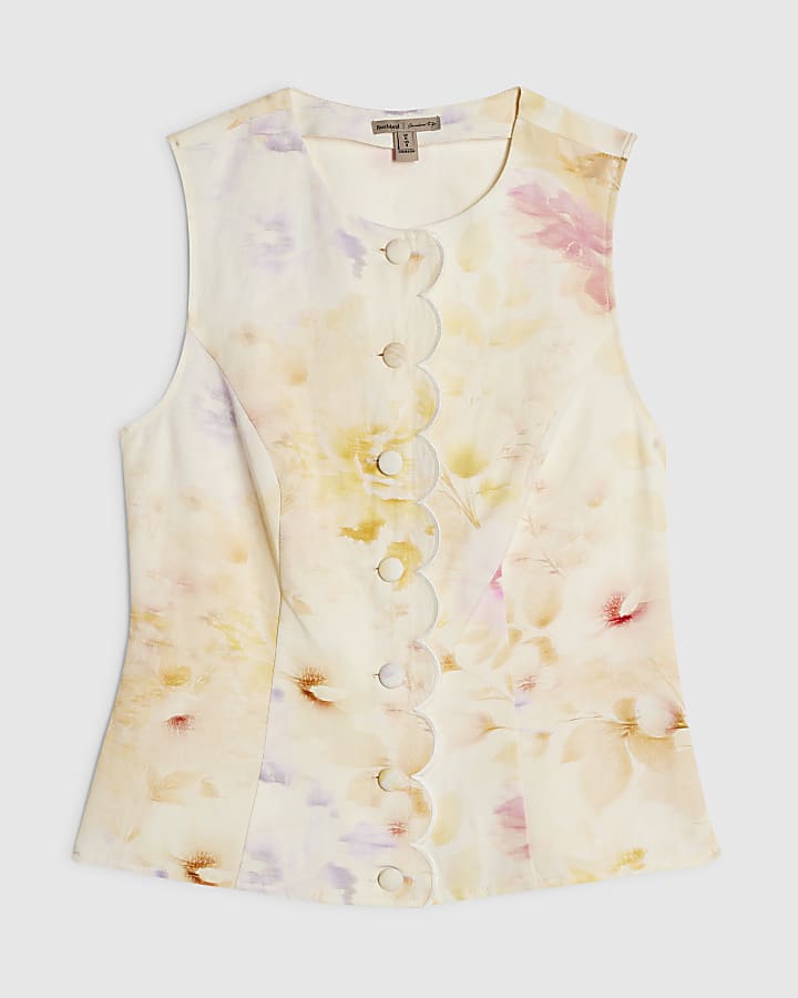 Cream Linen Blend Scallop Trim Waistcoat