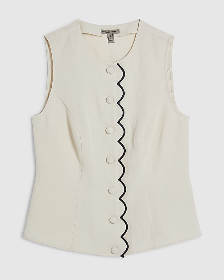 Cream Linen Blend Scallop Trim Waistcoat