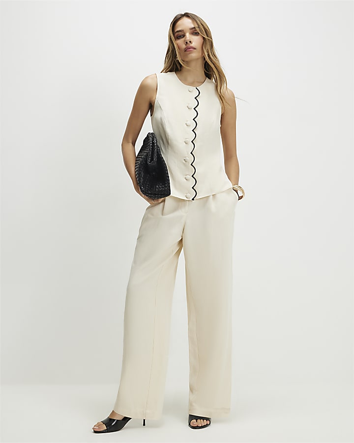 Cream Linen Blend Scallop Trim Waistcoat