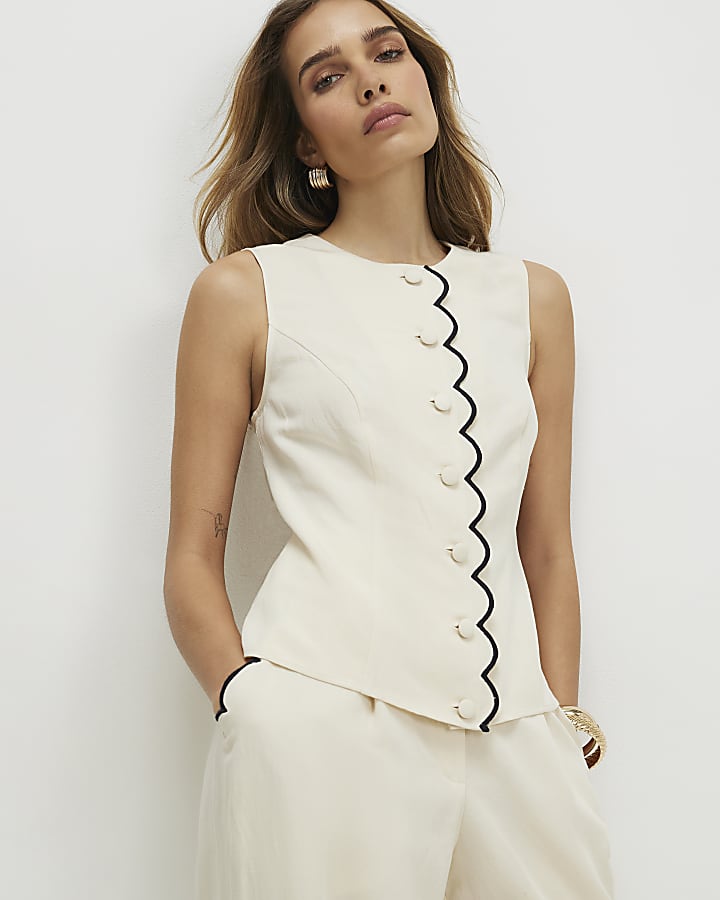 Cream Linen Blend Scallop Trim Waistcoat