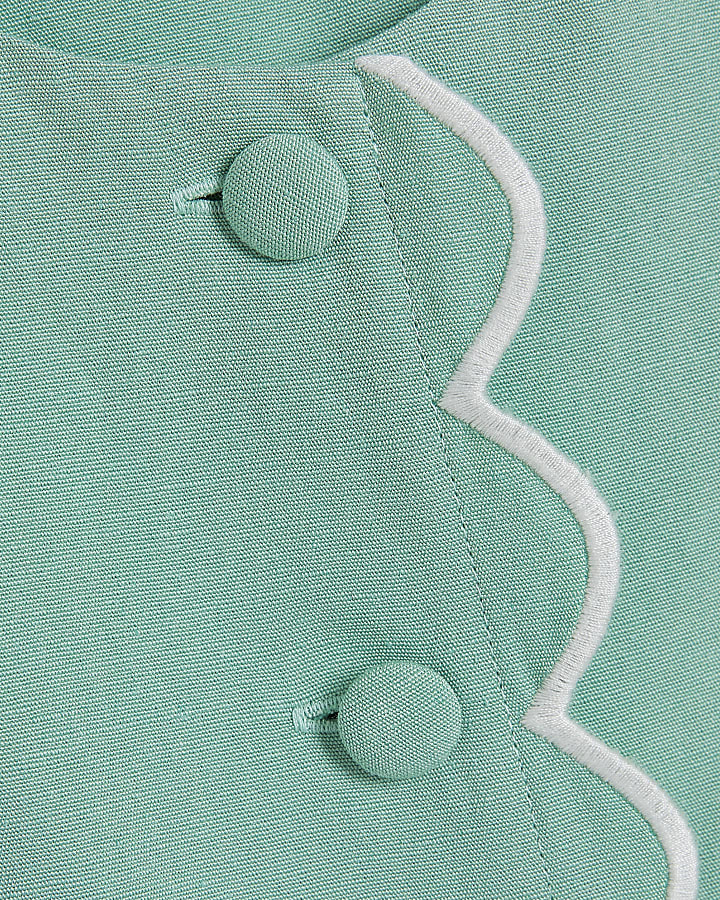 Green Linen Blend Scallop Trim Waistcoat