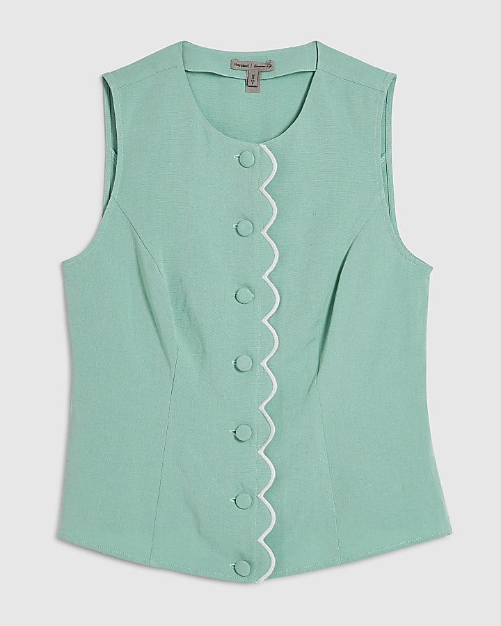 Green Linen Blend Scallop Trim Waistcoat