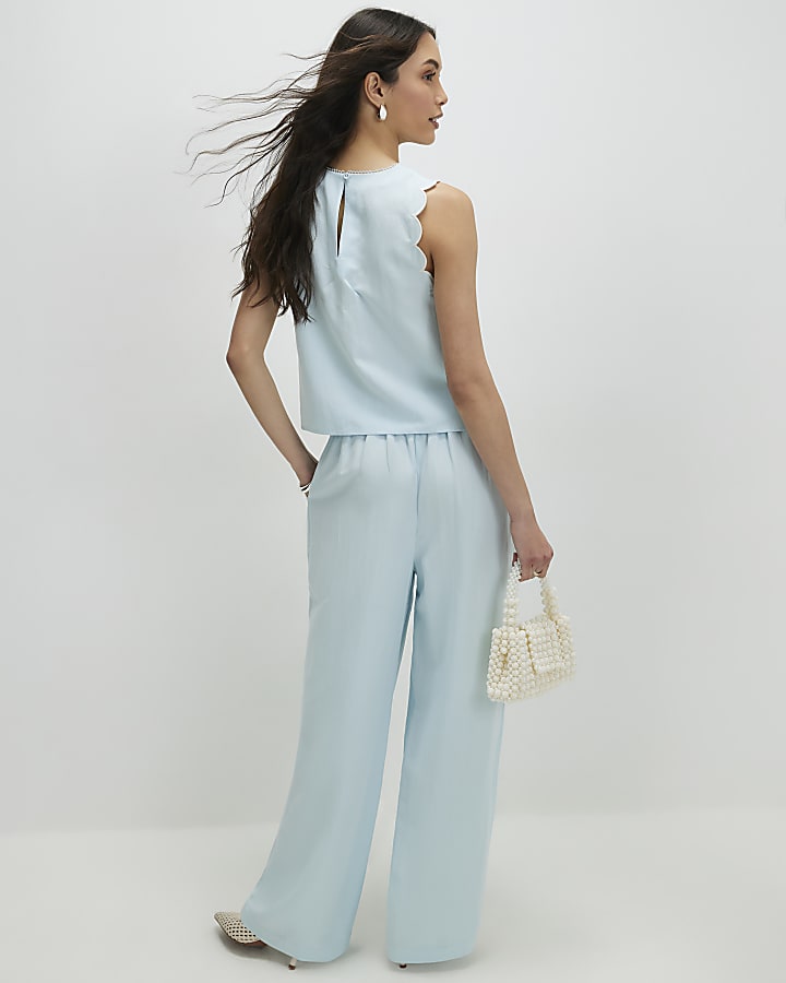 Blue Scallop Trim Wide Leg Trousers