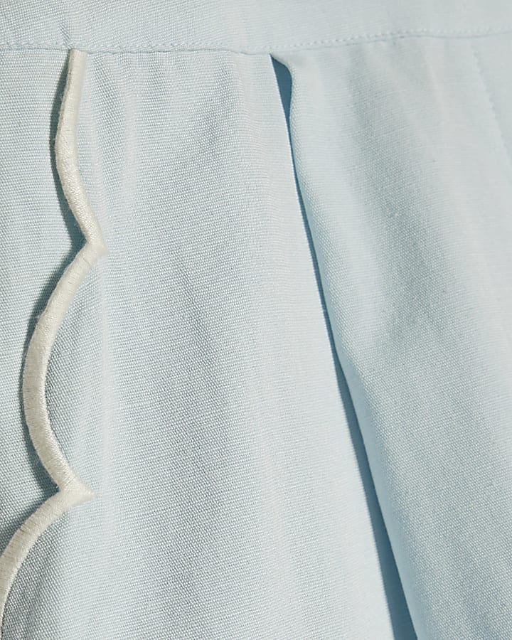 Blue Scallop Trim Wide Leg Trousers