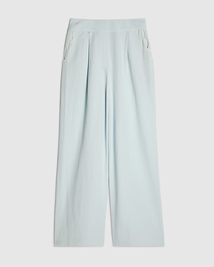 Blue Scallop Trim Wide Leg Trousers
