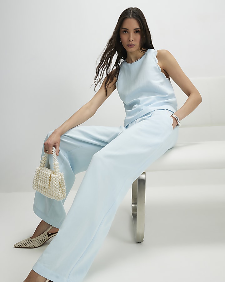 Blue Scallop Trim Wide Leg Trousers