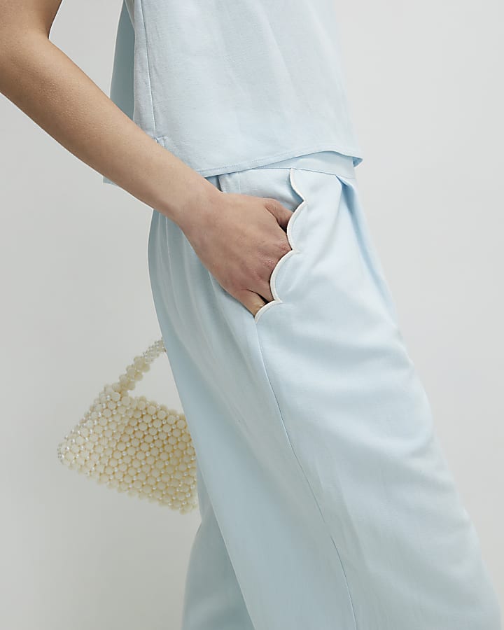 Blue Scallop Trim Wide Leg Trousers