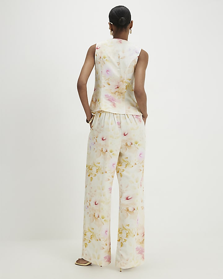 Cream Floral Scallop Trim Wide Leg Trousers