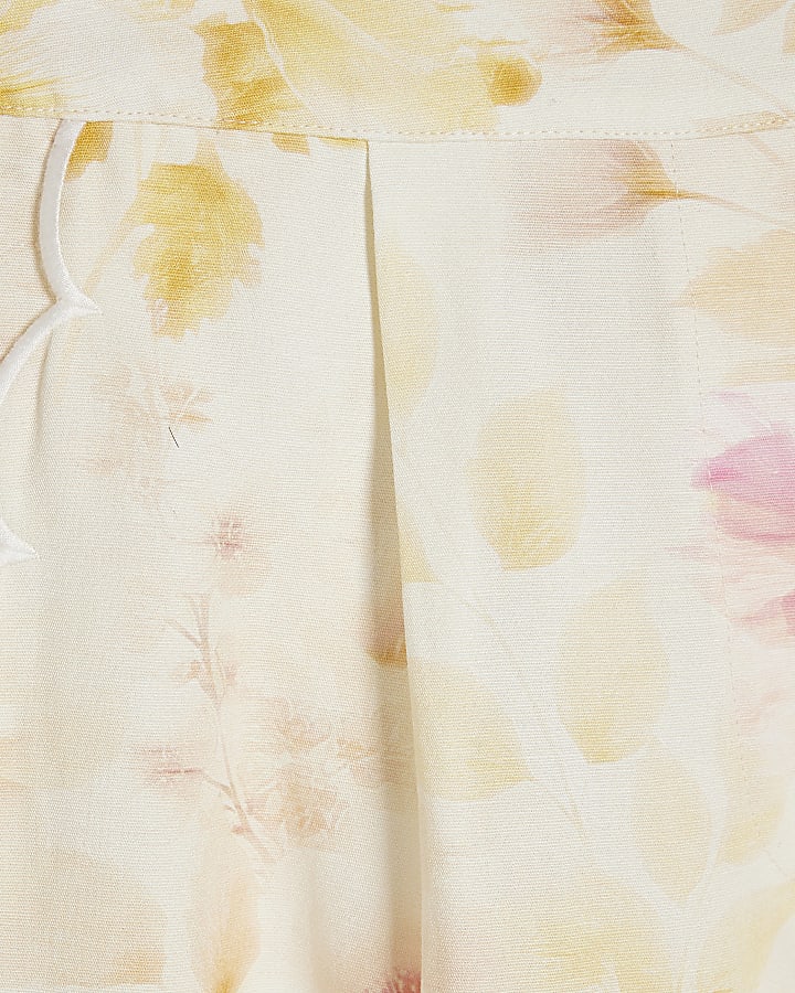 Cream Floral Scallop Trim Wide Leg Trousers