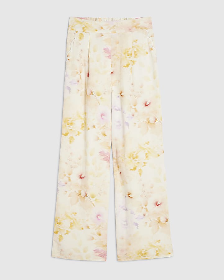 Cream Floral Scallop Trim Wide Leg Trousers