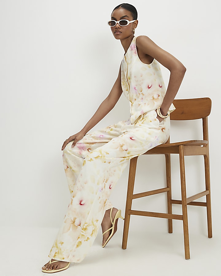 Cream Floral Scallop Trim Wide Leg Trousers