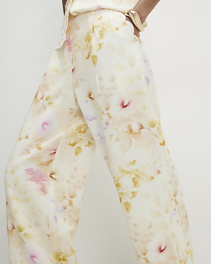 Cream Floral Scallop Trim Wide Leg Trousers