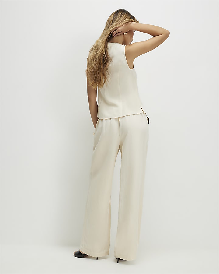 Cream Linen Blend Scallop Wide Leg Trousers