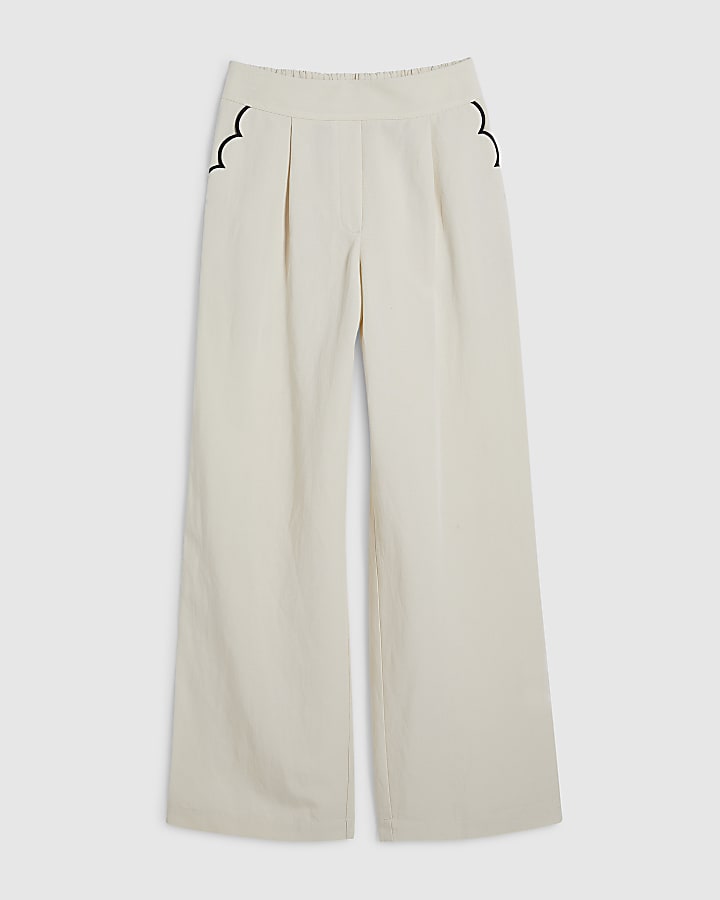 Cream Linen Blend Scallop Wide Leg Trousers