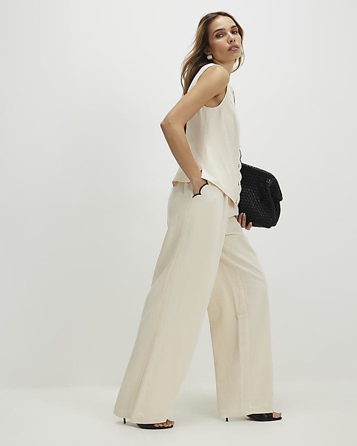 Cream Linen Blend Scallop Wide Leg Trousers