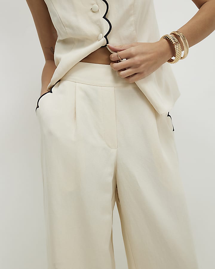 Cream Linen Blend Scallop Wide Leg Trousers