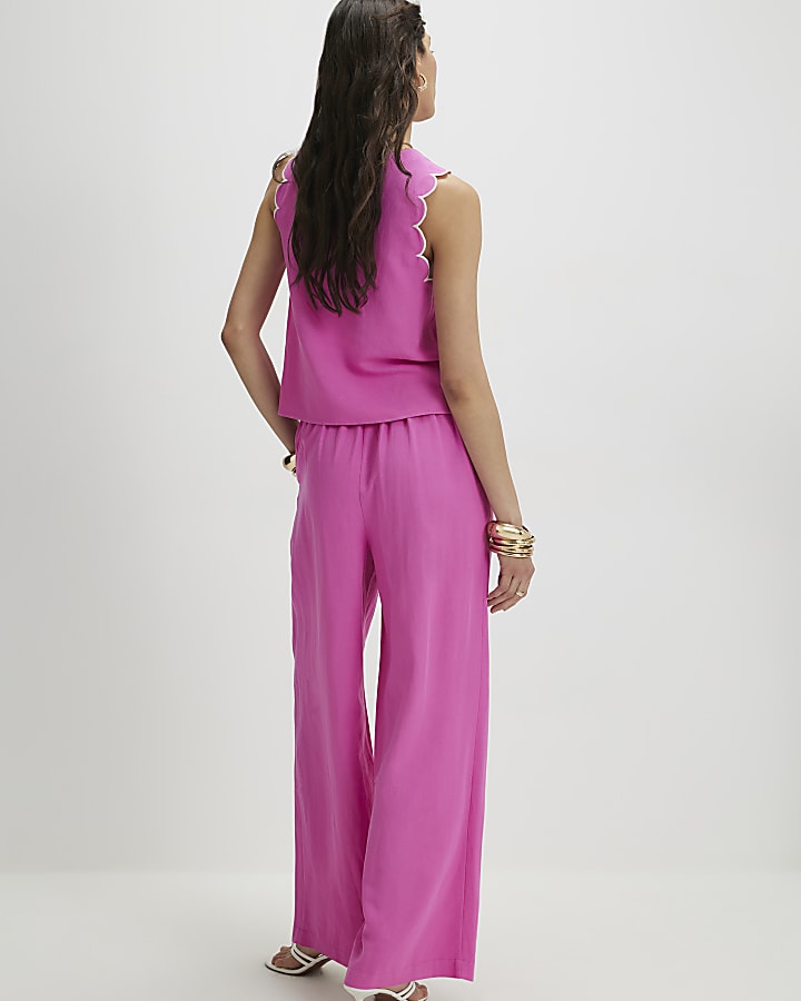 Pink Linen Blend Scallop Wide Leg Trousers