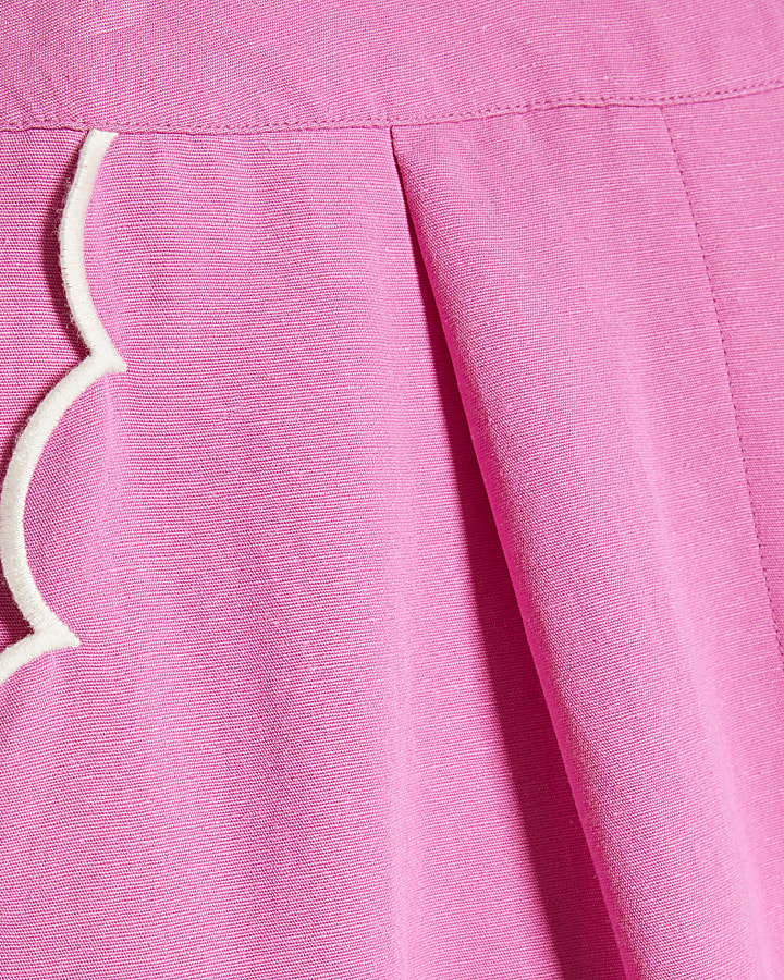 Pink Linen Blend Scallop Wide Leg Trousers