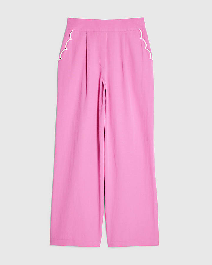 Pink Linen Blend Scallop Wide Leg Trousers