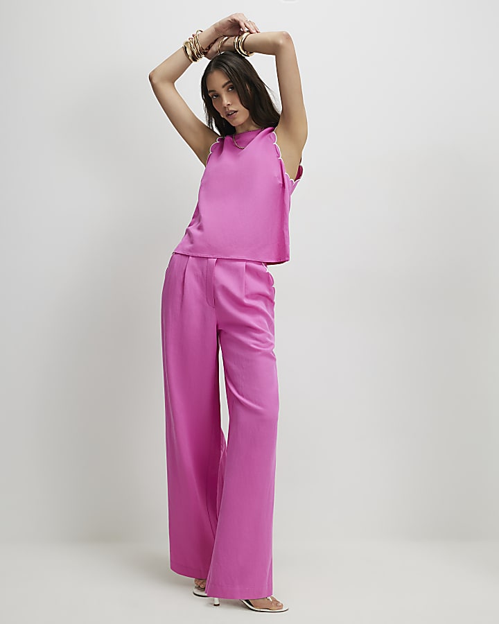 Pink Linen Blend Scallop Wide Leg Trousers