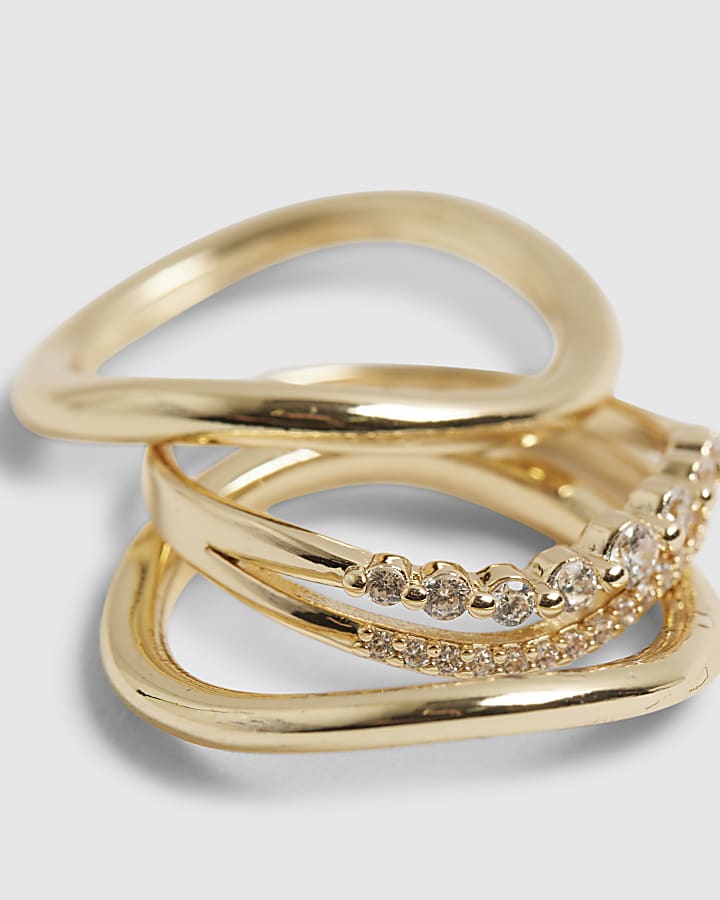 Gold Diamante Wave Rings 3 Pack