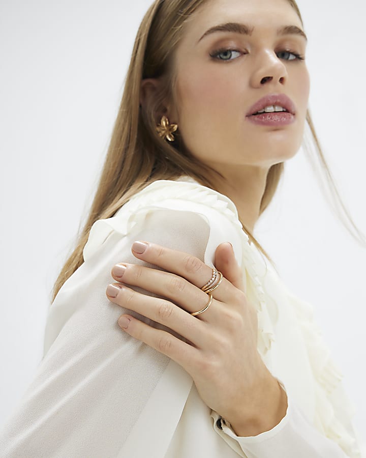 Gold Diamante Wave Rings 3 Pack