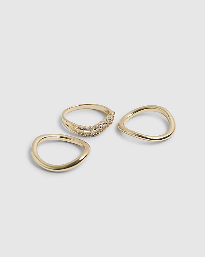 Gold Diamante Wave Rings 3 Pack