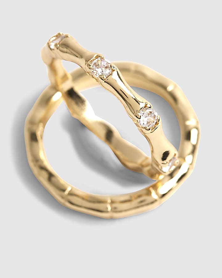 Gold Diamante Bamboo Effect 2 Pack Rings