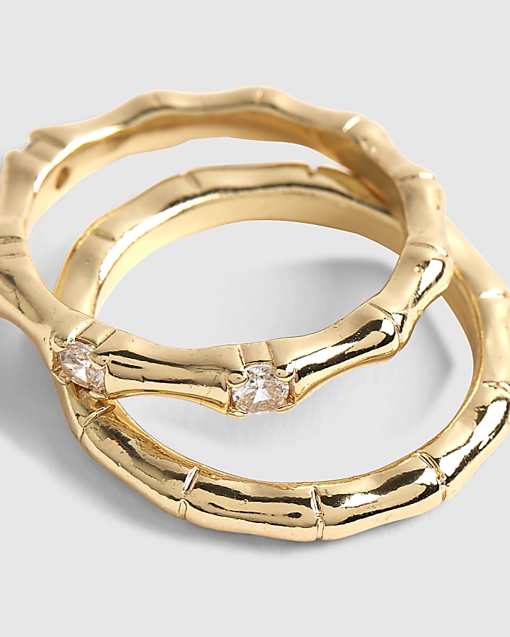 Gold Diamante Bamboo Effect 2 Pack Rings