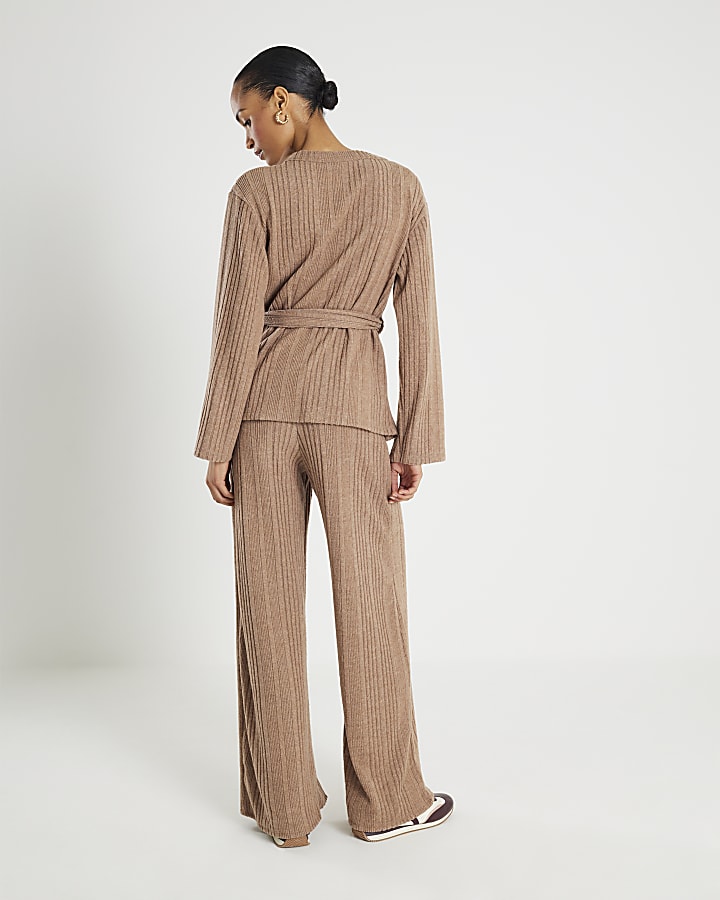 Beige Cosy Ribbed Wide Leg Trousers