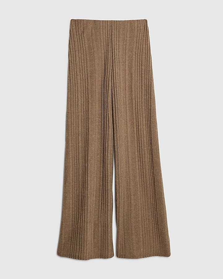 Beige Cosy Ribbed Wide Leg Trousers