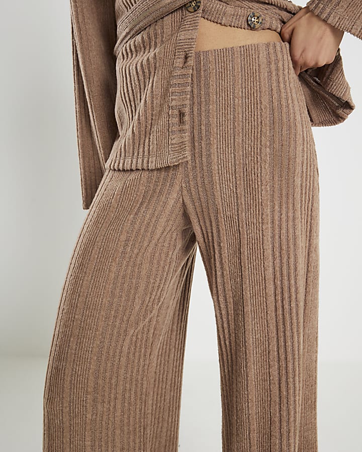 Beige Cosy Ribbed Wide Leg Trousers