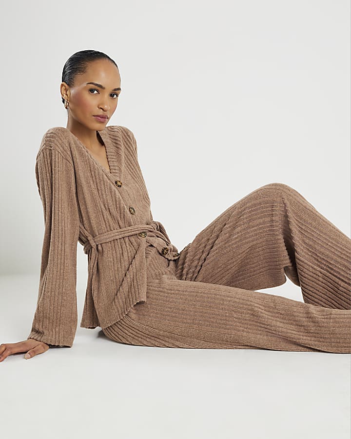 Beige Cosy Ribbed Wide Leg Trousers