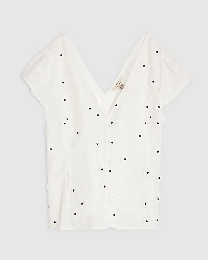 White 3D Floral Detail Short Sleeve Blouse