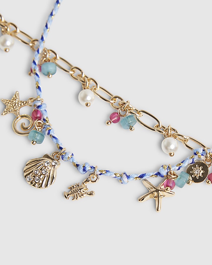 Blue Cord Layered Charm Anklet