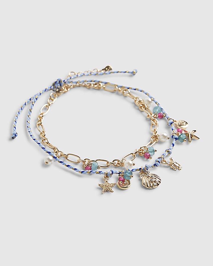 Blue Cord Layered Charm Anklet