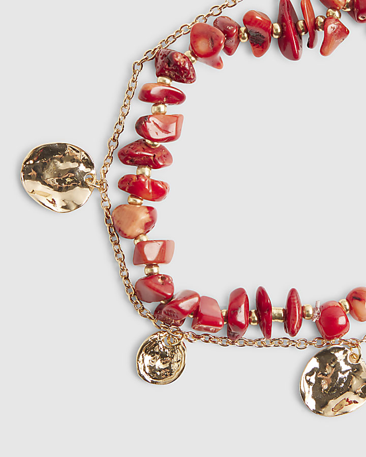 Gold Red Chip And Stretch Coin Anklet