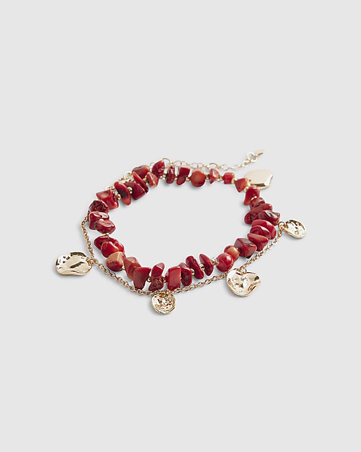 Gold Red Chip And Stretch Coin Anklet