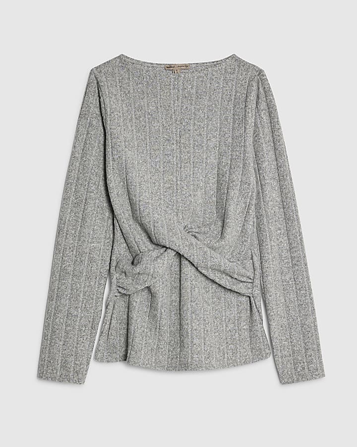 Grey Long Sleeve Twist Front Cosy Top