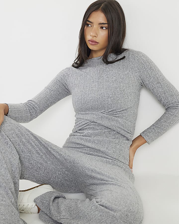 Grey Long Sleeve Twist Front Cosy Top
