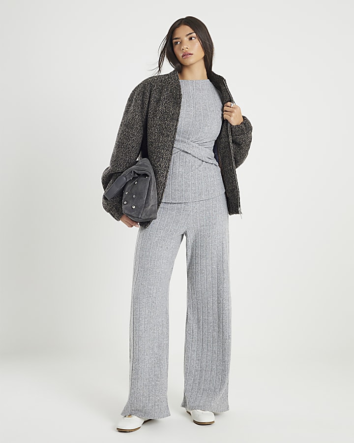 Grey Long Sleeve Twist Front Cosy Top