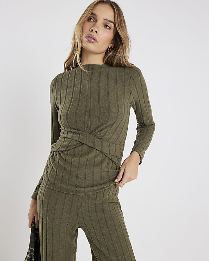 Khaki Long Sleeve Twist Front Cosy Top