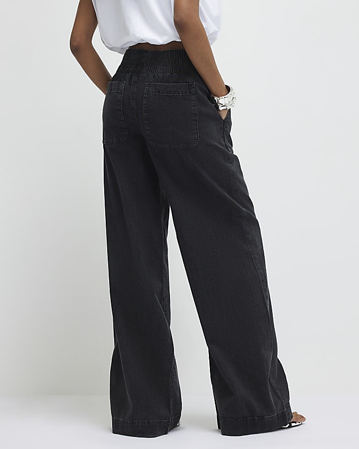 Black Pull On Wide Leg Jeans