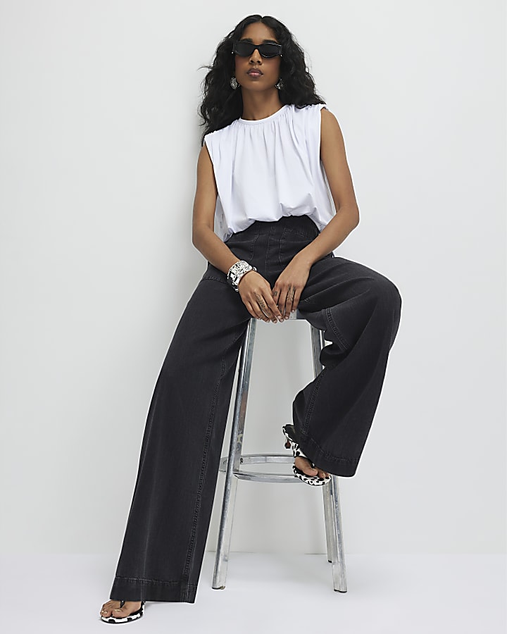 Black Pull On Wide Leg Jeans