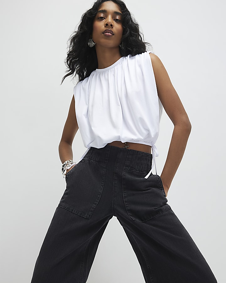 Black Pull On Wide Leg Jeans