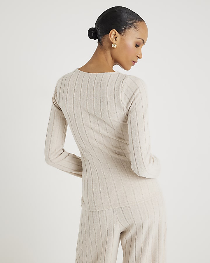 Beige Long Sleeve Twist Front Cosy Top