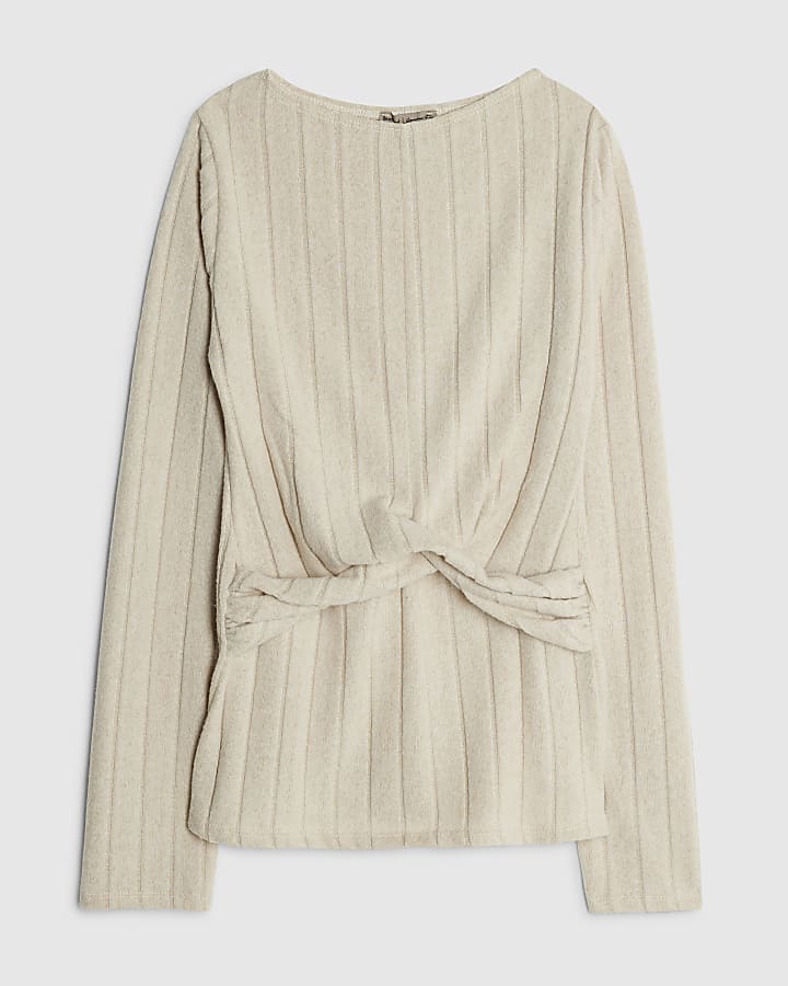 Beige Long Sleeve Twist Front Cosy Top