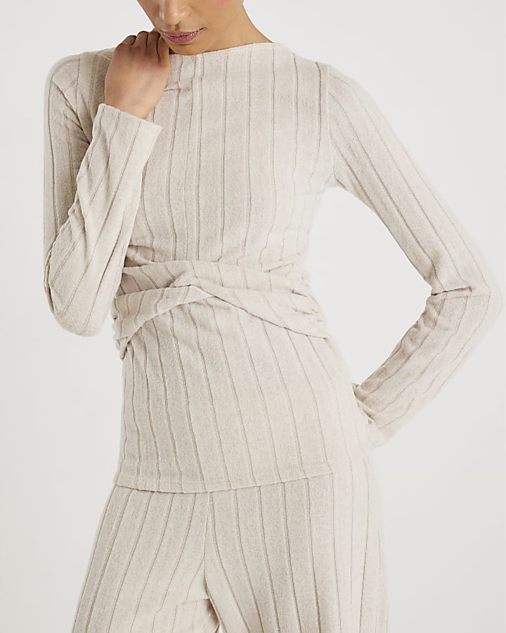 Beige Long Sleeve Twist Front Cosy Top