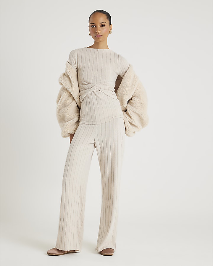 Beige Long Sleeve Twist Front Cosy Top